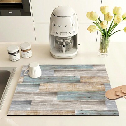 1pc Blue Wood Grain Print Drying Mat, New Absorbent Kitchen Counter Drying Mat, Kitchen Utensil Drying Mat - Dish Drying Mat, Soft Silica Gel Non-Slip Quick-Dry Mat For Kitchen Counter, Suitable For Coffee Maker, Espresso Machine, Etc.