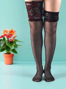 1pair Women's Lace Trim Wide Band Silicone Anti-Slip Adjustable Thigh High Stockings, Cozy Socks