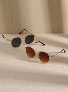 2 件装女士铜色几何框架复古优雅韩式时尚眼镜组合适用于酒吧俱乐部户外旅行配件万圣节适合夏季海滩度假、户外、旅行 - 彩色 - 查看 2
