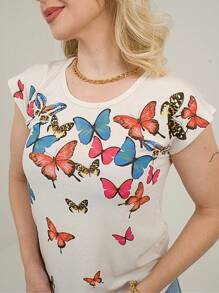 Loose Blouse With Front Print Of Colorful Butterflies, Fresh Chromia, Cheerful, Colorful Summer - 米色 - 查看 1
