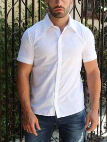 Men's Linen Dress Shirt Short Sleeve Basic Premium Plain Slim Various Colors - 白色 - 查看 1