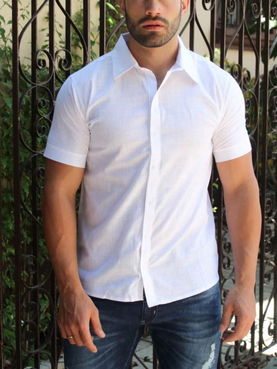 Men's Linen Dress Shirt Short Sleeve Basic Premium Plain Slim Various Colors - 白色 - 查看 1