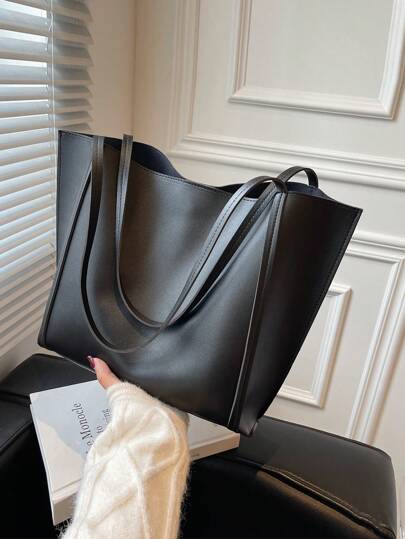 2pcs/Set Solid Color Large Capacity Tote Bag And Clutch Wallet, PU Leather, Suitable For Girls And Women, For Shopping, Commuting And Daily Use