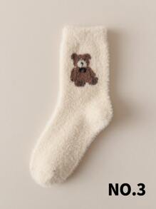 1/3 pares de calcetines de equipo forrados térmicos con estampado de oso de peluche de colores aleatorios para mujer