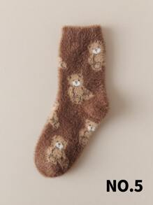 1/3 pares de calcetines de equipo forrados térmicos con estampado de oso de peluche de colores aleatorios para mujer