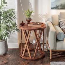 Farmhouse End Table, Rustic Round Side Table With X-Motifs Legs, Wood Textured Top, For Boho, French Country Decor, Brown, White - Brown - View 4