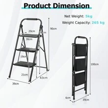 3 Step Ladder, Folding Step Ladder W/ Wide Anti-Slip Pedals & Handgrip, Portable Step Stool For Household & Office, 265kg Capacity, Black - Black - View 2