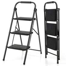 3 Step Ladder, Folding Step Ladder W/ Wide Anti-Slip Pedals & Handgrip, Portable Step Stool For Household & Office, 265kg Capacity, Black - Black - View 1