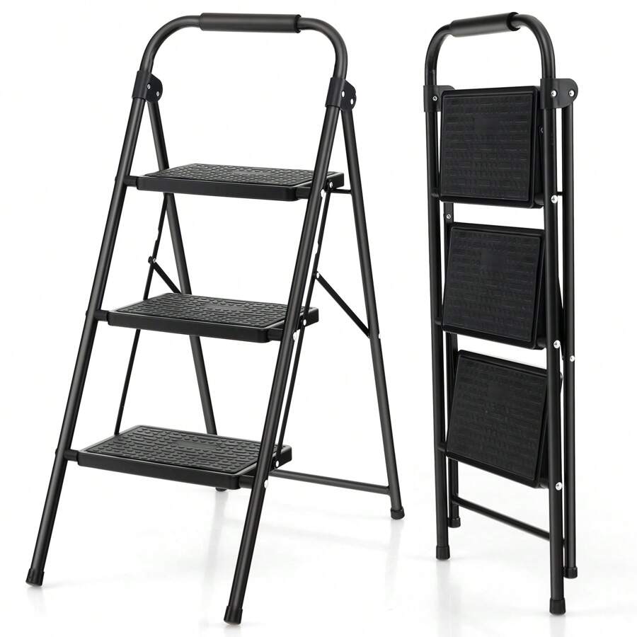 3 Step Ladder, Folding Step Ladder W/ Wide Anti-Slip Pedals & Handgrip, Portable Step Stool For Household & Office, 265kg Capacity, Black - Black - View 1