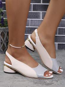 Sandali con tacco basso da donna, nuovi per il 2024, con design a blocchi di colore e punta rotonda, semplici e comodi, adatti per uso all'aperto - Grigio - Visualizzare 4