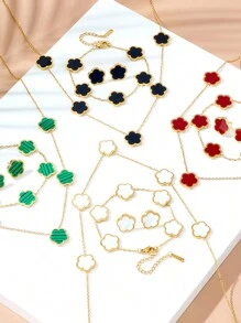 Juego de joyería de 4 piezas de acero inoxidable con flor de 5 pétalos: 1 collar + 1 pulsera + 2 aretes, accesorios de moda elegantes para mujeres, San Valentín, mamá, madre, Día de la Madre, regalo