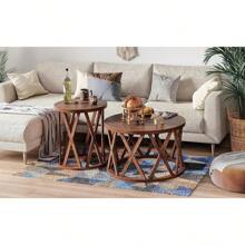 Farmhouse End Table, Rustic Round Side Table With X-Motifs Legs, Wood Textured Top, For Boho, French Country Decor, Brown, White - Brown - View 8