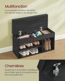 VASAGLE Banc à Chaussures Rembourré, Banc de Rangement, 3 Compartiments, Rangement Caché, Étagères, pour Salon, Entrée, Chambre, Capacité de Charge 150 kg - Noir - Voir 2
