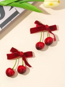 1pair Kids Cute Red Cherry Shaped Bowknot Hair Clips - Red - View 1