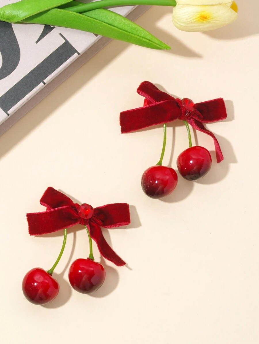 1pair Kids Cute Red Cherry Shaped Bowknot Hair Clips - Red - View 1