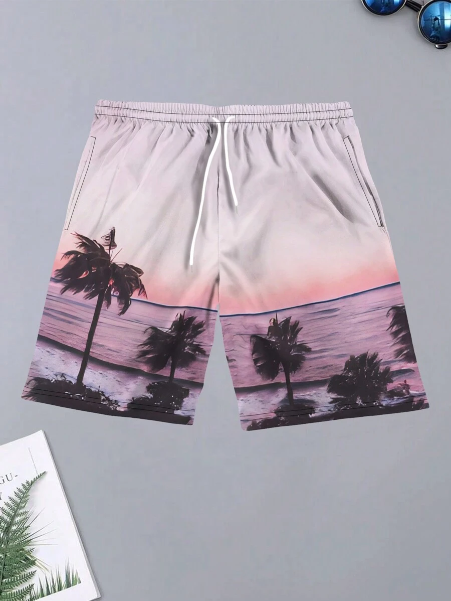 Shorts de playa degradados con estampado de árboles de coco para hombre de Infinity Swimmode