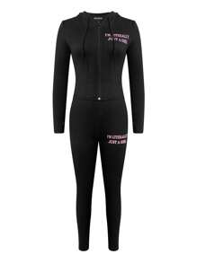LovelyWholesale Women's Letter Print Zip-Up Hoodie Jacket And Leggings Sports Set, Suitable For Spring And Autumn - Black - View 8