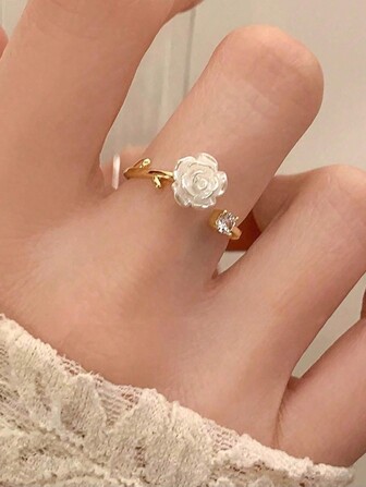 1pc Adjustable Cute Camellia Flower Ring, Suitable For Girls Daily Wear Or Party