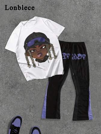 Lonblece 2 件男士卡通印花短袖 T 恤搭配喇叭裤套装，适合春夏季