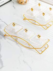 طقم واحد ، صحن للفاكهة/المقبلات مقسم بحافة ذهبية ، صينية لتقديم الحلوى/المقبلات باللون الزهري الفاتح، صحن فاكهة للمعيشة، برطمان بلاستيك للحلوى مع غطاء، صينية للمقبلات ، زخرفة منزلية للطاولة