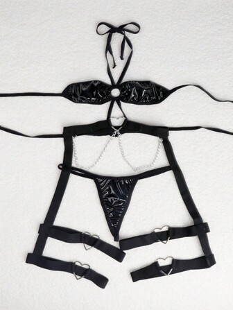 Tredelat set med sexiga underkläder för kvinnor, sexigt set med remmar och kedja, vilt och hårt
