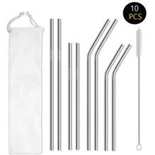 6 件/10 件/14 件不锈钢金属吸管带刷子和袋子，8.46 英寸/5.9 英寸（约 21.5 厘米/15 厘米）可重复使用，适用于果汁、水、冰沙、洗碗机，适合圣诞礼物 - 銀色 - 查看 12