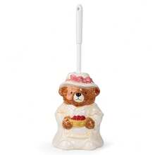 1pc Ceramic Handpainted Toilet Brush Holder With 1pc Toilet Brush, 3D Hand-Carved Sculpture Of Cute Bear Couple, Bathroom Decoration - Multicolor - View 5