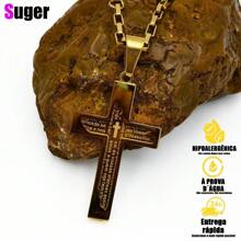 3mm Grumet Chain 18K Gold Plated With Concave Cross Pendant And Lord's Prayer - Dorado - Ver 5