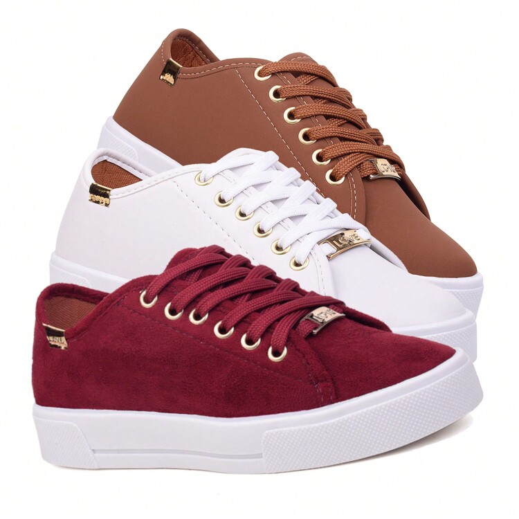 Kit 3 Pairs Women's Casual Flatform Love Basic Sneakers Plain High Sole Lace-Up - BURGUNDY/WHITE/CARAMEL - View 1