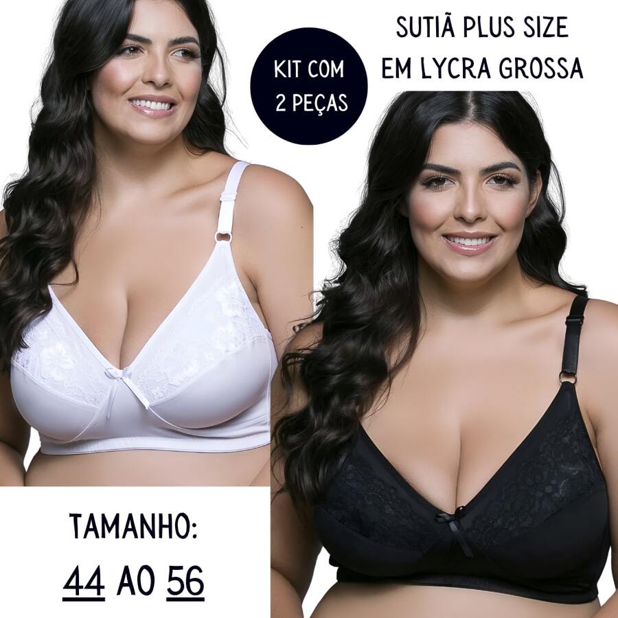 Kit 2 Plus Size Bras REINFORCED Thick Lycra Without Pads Lace Detail Reinforced Straps Support - 彩色 - 查看 1