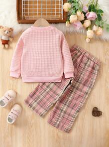 2pcs/Set Autumn Young Girls Applique Bear Sweatshirt & Plaid Straight Pants Casual Outfit, 1-6 Years - Pink - View 2