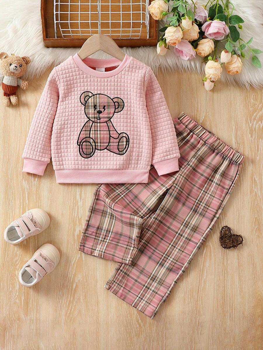 2pcs/Set Autumn Young Girls Applique Bear Sweatshirt & Plaid Straight Pants Casual Outfit, 1-6 Years - Pink - View 1