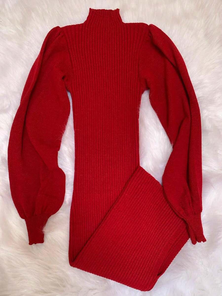 Ribbed Modal Midi Dress With Long Sleeve Balloon Tricot Knit And Side Slit - Đỏ - Xem 1