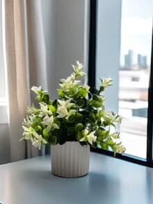 1株22.5厘米人造绿色植物，带双叉、球状物和浆果，双色草叶搭配白色花盆，适合客厅、办公室、书桌装饰。 - 彩色 - 查看 4