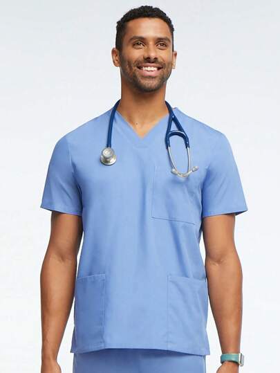 Men's Solid Color Nurse Uniform Top, V-Neck Short Sleeve T-Shirt With Side Pockets, Men's Professional Work Wear