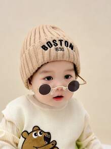 1pc Solid Color Letter Printed Baby Beanie Hat, Vintage Embroidered Boston Warm Knit Cap For Toddler Girl Boy - 1PC - View 5