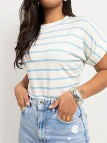 Short Sleeve Striped Blouse Round Neck Women's Fashion - Màu xanh nhạt - Xem 1