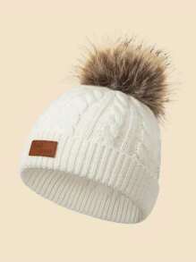 1pc Solid Color Baby Pom Pom Knit Hat With FAS JEANSPU Label, Cable Knit Design, Suitable For Autumn/Winter Daily Warmth And Cold Protection - 1PC - View 6