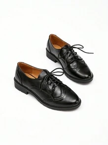 女士圆头牛津平底鞋，系带雕花皮鞋，黑色，乐福鞋