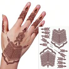 210X150MM 1 Sheets India Mehndi Design Brown Red Maroon Tattoo Stickers, Temporary Tattoos For Women, Waterproof Body Art Stickers, Hand Painted Henna Design, Long Lasting Fake Tattoos For Fingers And Back Of The Hand - 1pc Oblong Shape