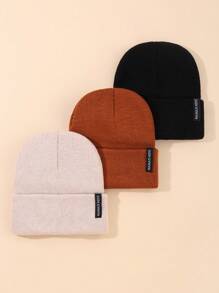 3 件装可爱时尚婴儿推车徽标针织帽适合婴儿女孩男孩适合日常冬季保暖 - 彩色 - 查看 1