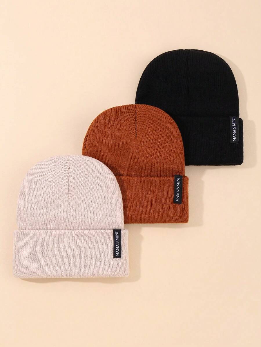 3 件装可爱时尚婴儿推车徽标针织帽适合婴儿女孩男孩适合日常冬季保暖 - 彩色 - 查看 1