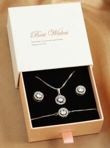 1set Minimalist Copper Cubic Zirconia Necklace, Bracelet & Earrings Gift Box Set, Gift For Friend, Mother Or Daughter Gift Valentines