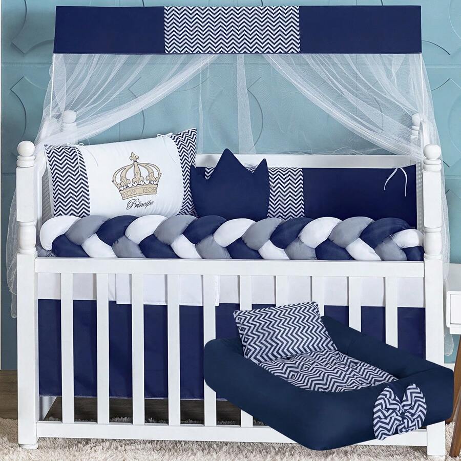 Baby Magic Island Tổ em bé + Nôi vải lanh Crown Royalty Hoàng tử và công chúa - Màu xanh hải quân - Xem 1