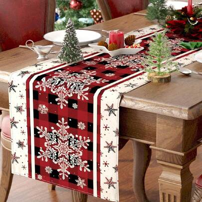 1 件亚麻圣诞桌旗，红黑格子雪花图案桌布桌布，家居装饰，餐桌装饰，圣诞装饰，圣诞装饰，圣诞派对用品，圣诞节