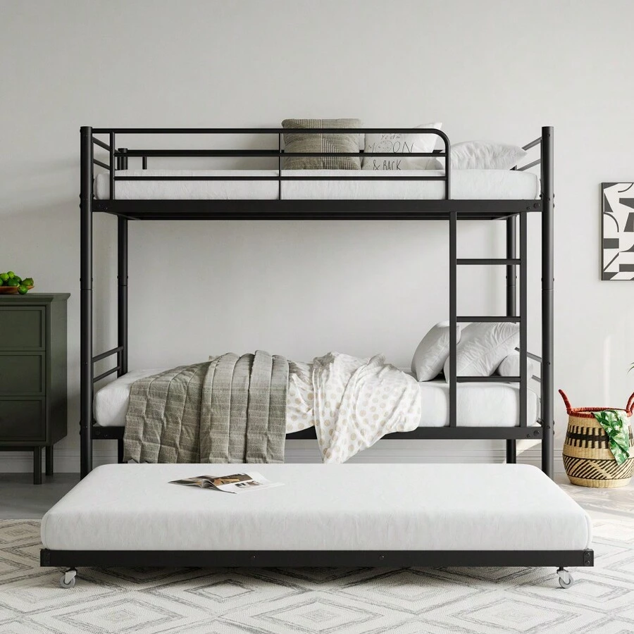 Twin Bunk Bed With Trundle Metal Bunkbeds With Ladder And Full-Length Guardrail, Noise Free, No Box Spring Needed, Black - 黑色+金屬+金屬+Twin-7 - 查看 1