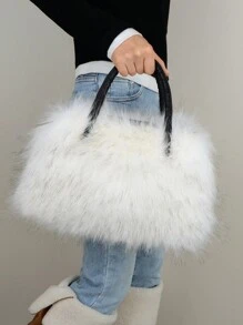 Túi đeo tay lông mới cho phụ nữ, Túi cầm tay mùa đông lông, Sức chứa lớn, Màu trắng thời trang, Ví lông mới về - Đen và trắng - Xem 8