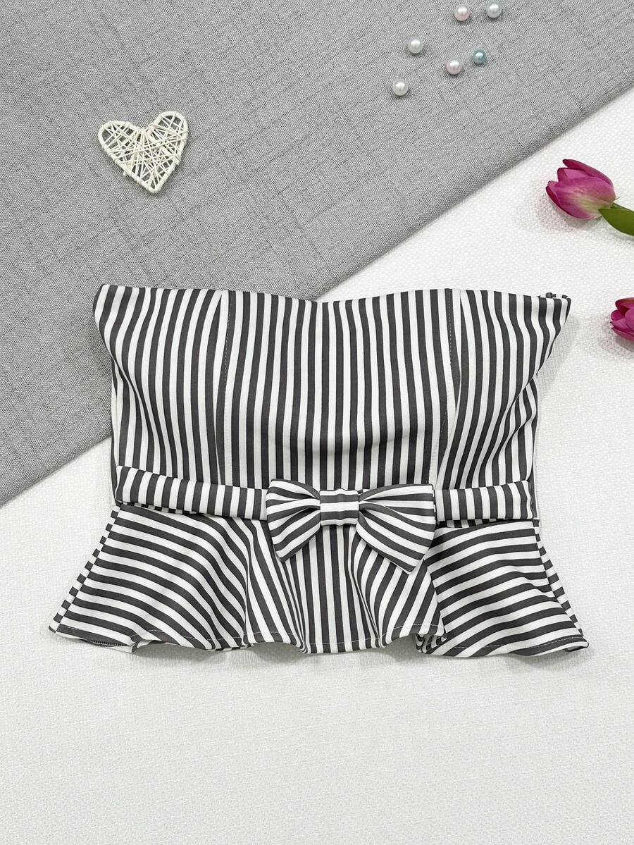 Cropped Top With Striped Tie 2024 - Màu Xám nhạt - Xem 1