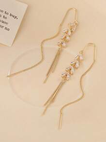 一对金色优雅小麦耳链流苏耳环，简约长叶微镶流苏轻盈奢华耳夹。情人节配饰，夏季，珠宝 - 金色 - 查看 3