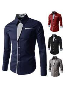 Men's Dress Shirt Short Sleeve Slim Fit Long Casual - 紅色 - 查看 5